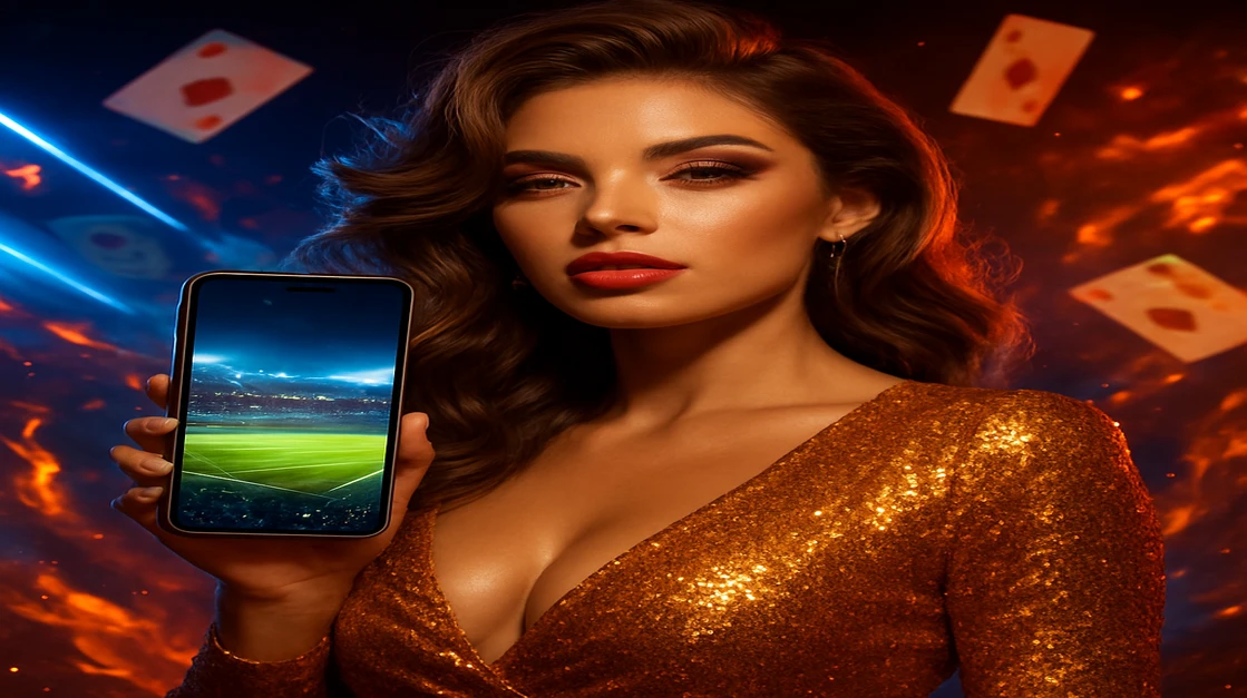 একটি সুন্দর নারী একটি ফোন ধরে যেখানে AK44 Live অ্যাপ দেখা যাচ্ছে; স্ক্রিনে স্টেডিয়াম, চারদিকে উড়ে চলা খেলার কার্ডগুলোর জ্বলন্ত আবহাওয়া।